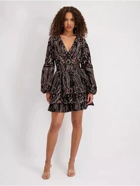 NWT Siena Black Multi V-Neck Embroidered Woven Mini Dress Size 8